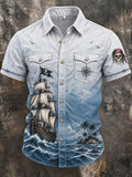 🏴‍☠️"Corsair's Legacy" Pirate Ship & Island Denim Shirt⛵ 🌴