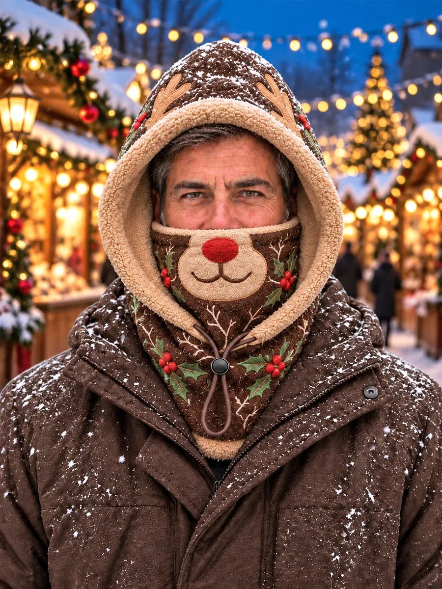 Men’s Christmas Reindeer & Holly Fleece-Lined Hooded Neck Warmer Balaclava