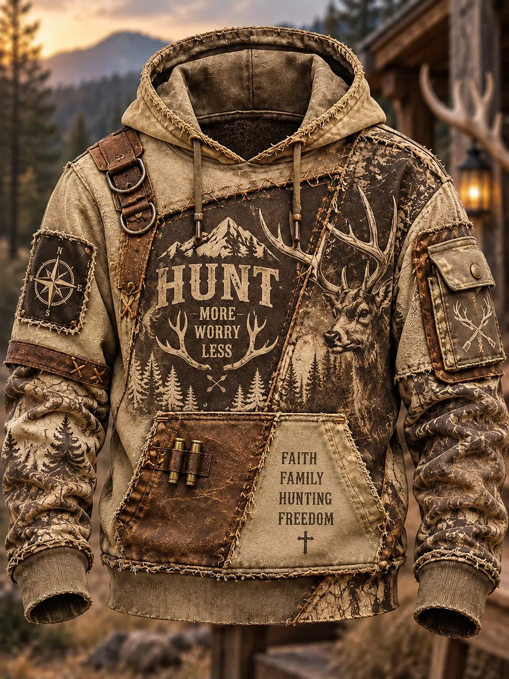 Men's Retro Hunting Culture Print Casual Hoodie