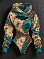 Women's Pirate Print Hooded Crop Top & Bodysuit 2-Piece Set