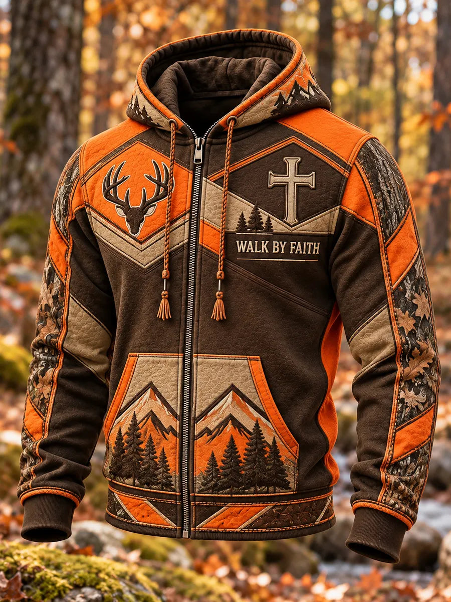 Men's Retro Hunting Culture Faith Art Print Casual Full-Zip Hoodie