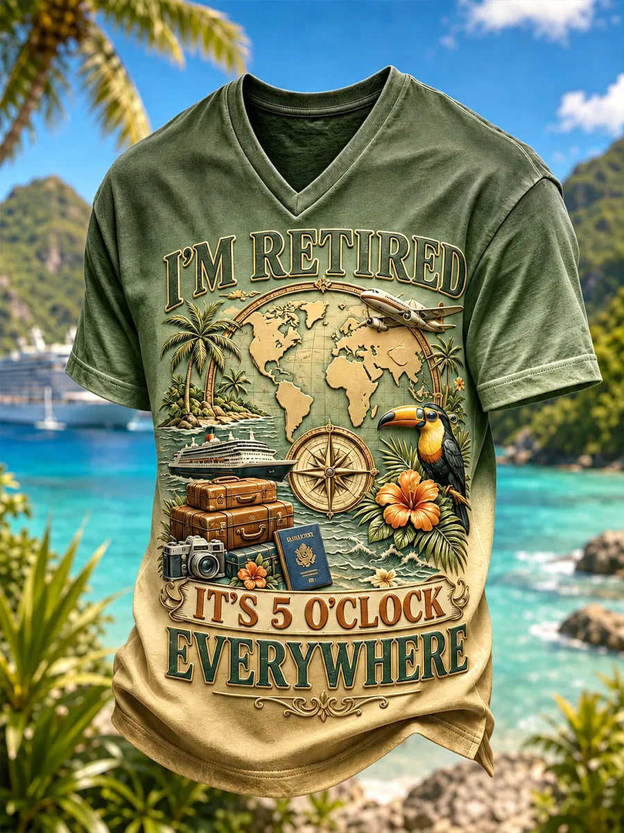 Men’s Retired World Traveler Tropical Vacation Gradient V-Neck T-Shirt