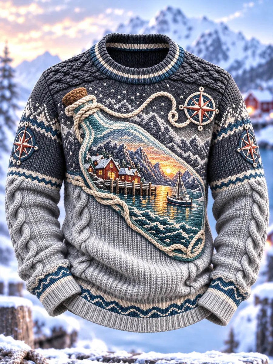 Men's Vintage Nautical Compass Mountain Bay Print Cable Knit Crewneck Sweater