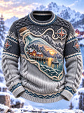 Men's Vintage Nautical Compass Mountain Bay Print Cable Knit Crewneck Sweater