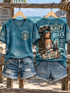 Women’s Too Salty To Follow Rules Pirate Queen Graphic V-Neck T-Shirt