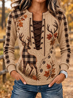 Women's Vintage Retro Hunting Culture Reindeer Print Stitch-Detail Sweatshirt