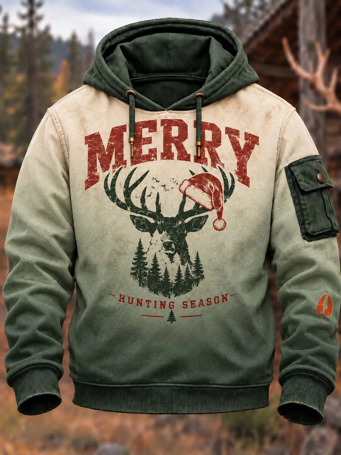 🌲 Distressed Gradient "Merry Hunting Season" Buck Graphic Hoodie