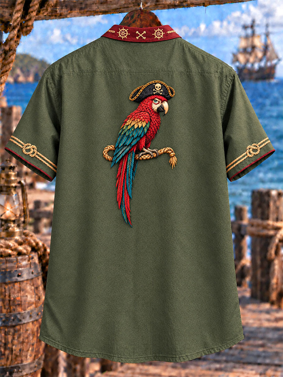 Men’s Pirate Parrot Rum Theme Lace-Up Short Sleeve Shirt