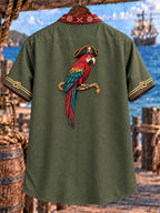 Men’s Pirate Parrot Rum Theme Lace-Up Short Sleeve Shirt