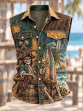 Men’s Beach Vacation Pirate Skeleton Vintage Patchwork Sleeveless Button-Up Shirt