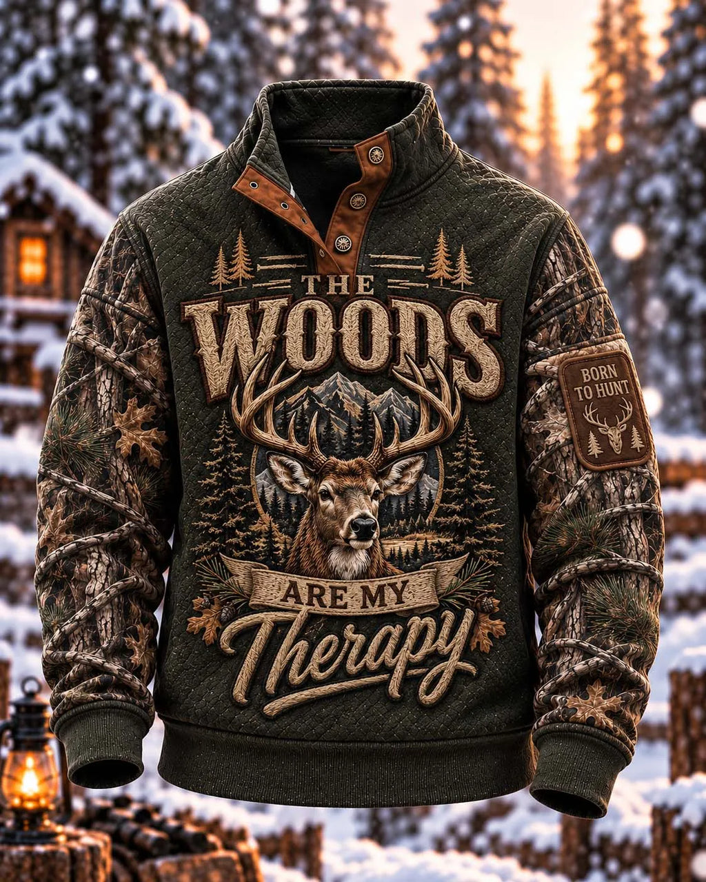 🌲 Men's "The Woods Are My Therapy" 3D Quilted Deer Hunting Pullover 🦌