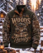 🌲 Men's "The Woods Are My Therapy" 3D Quilted Deer Hunting Pullover 🦌
