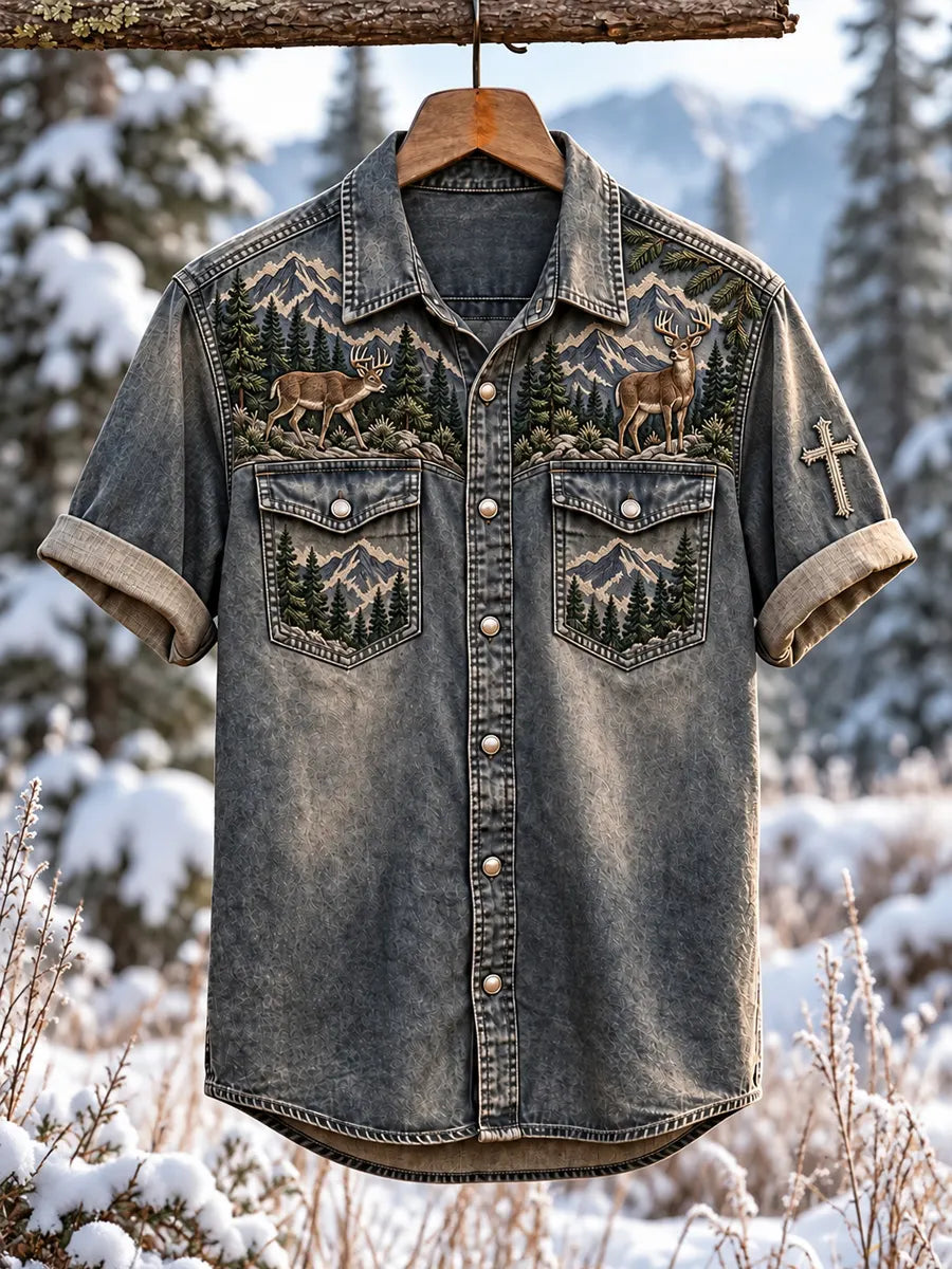 Vintage  Retro Hunting Culture Faith Art Print Short-Sleeve Button-Up Shirt