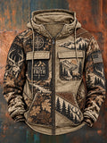 Men's Retro Hunting Culture Print Casual Zip Hoodie