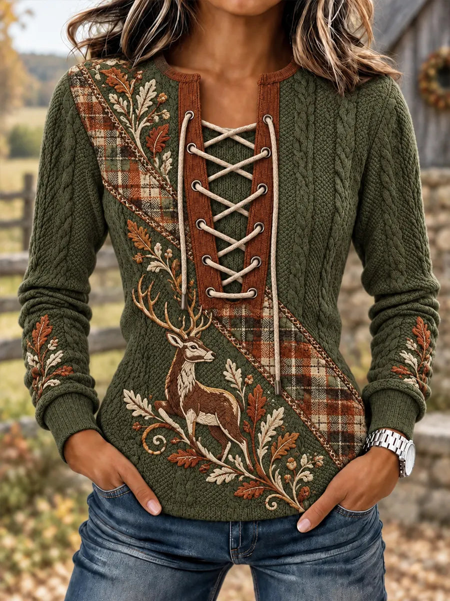 Women's Vintage Retro Hunting Culture Print Stitch-Detail Sweatshirt