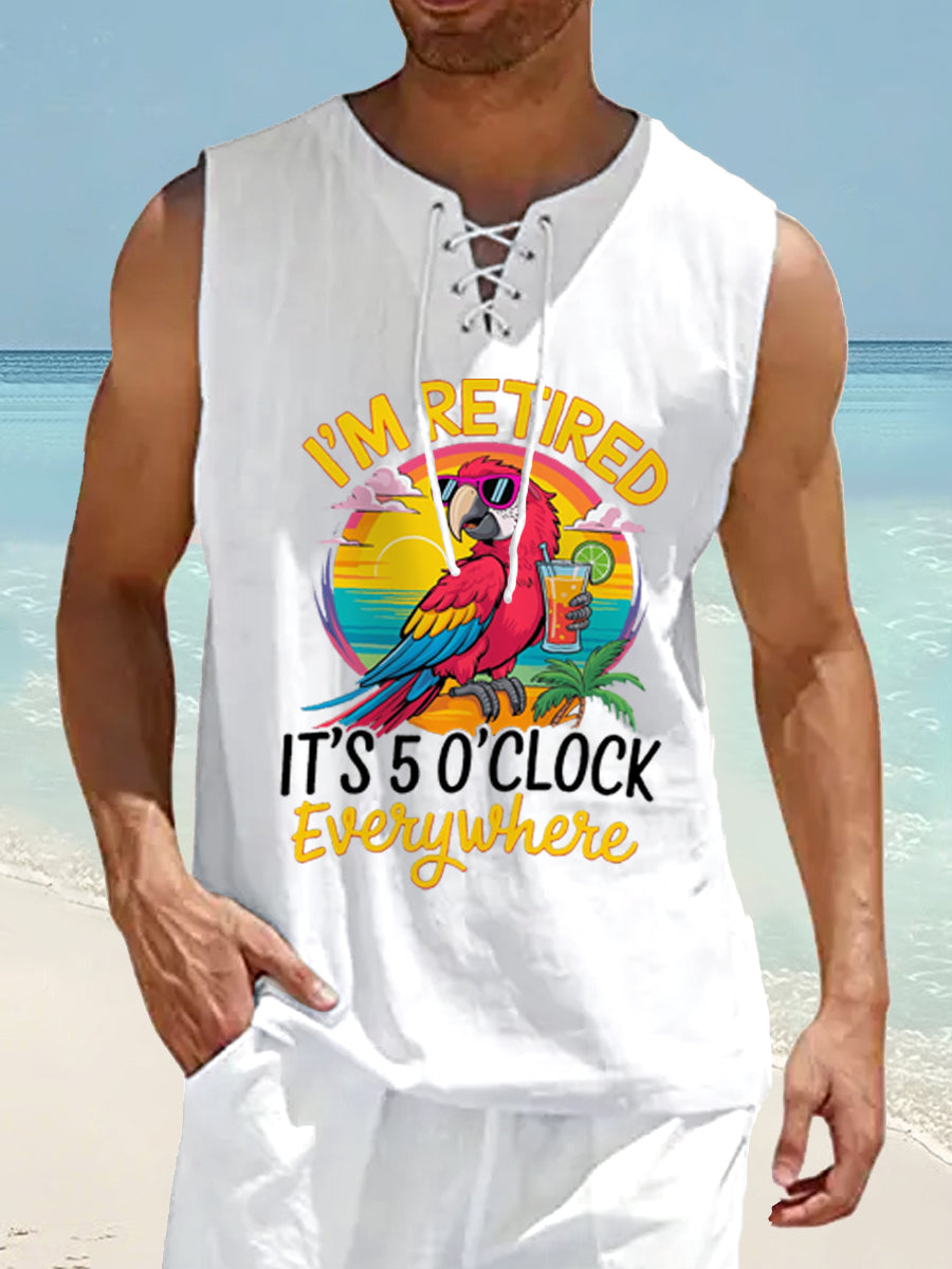 Men's Iâm Retired Itâs 5 O'clock Everywhere Parrot Print Casual Lace-up Sleeveless Shirt