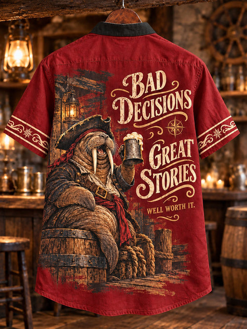 Bad Decisions, Great Stories Pirate Walrus Men’s Lace-Up Shirt