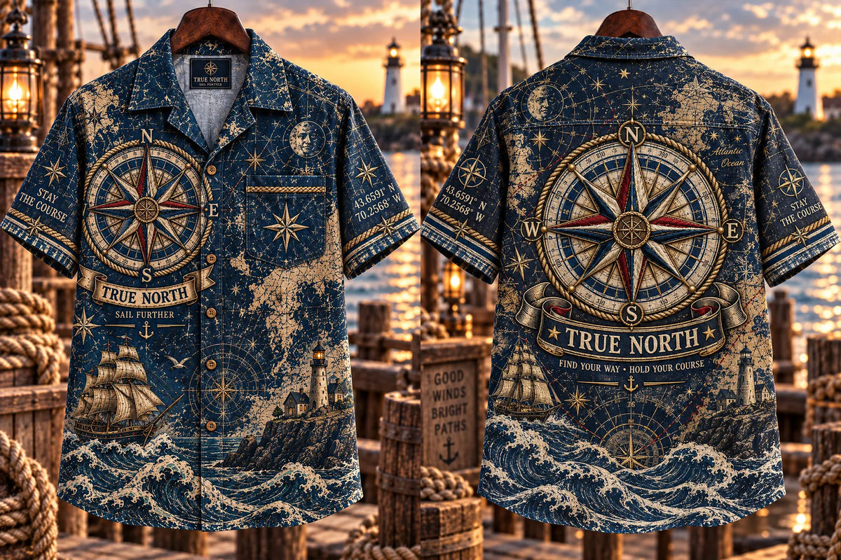 🧭 TRUE NORTH Men's Vintage Nautical Compass & Lighthouse Hawaiian Shirt