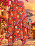 Coral Red Nautical Sailboat Floral Print Asymmetrical Skirt