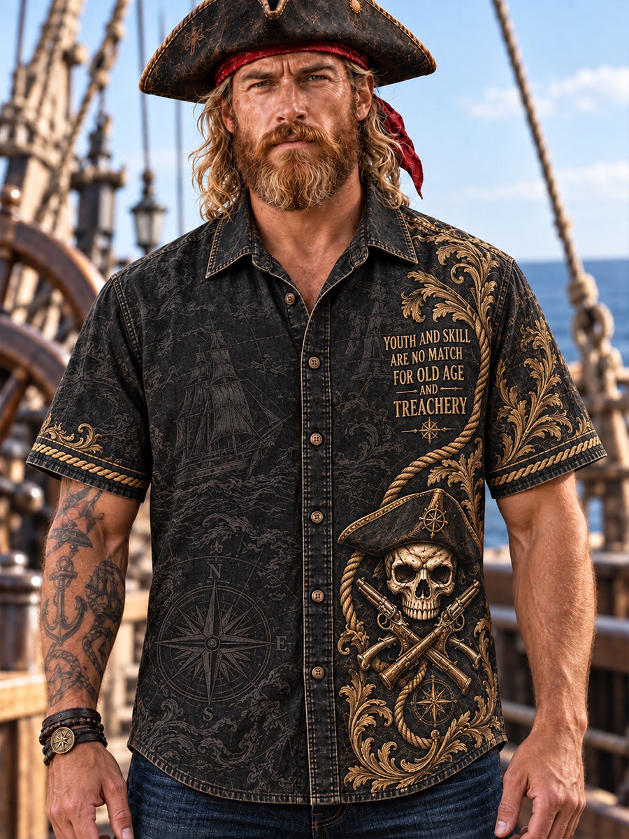 🏴‍☠️ "Youth and Skill" Charcoal Black Denim Pirate Shirt