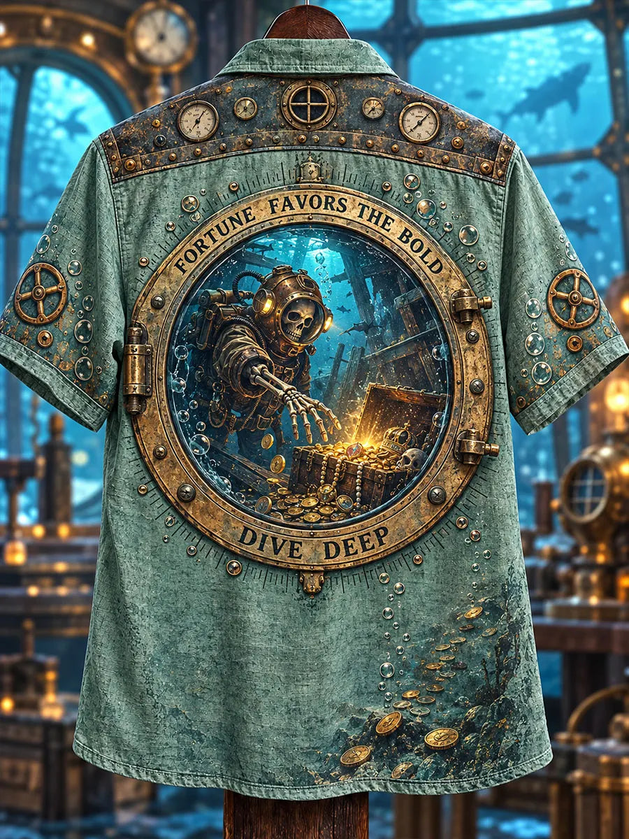 Men’s Steampunk Deep-Sea Treasure Skeleton Diver Short-Sleeve Shirt