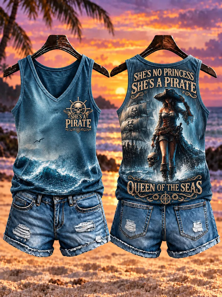 Women‘s "SHE'S NO PRINCESS · SHE'S A PIRATE · QUEEN OF THE SEAS" V-Neck Tank Top