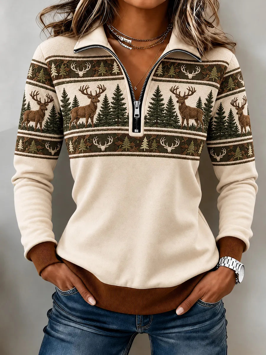 Women's Vintage  Retro Hunting Culture Art Print Colorblock Half-Zip Sweatshirt