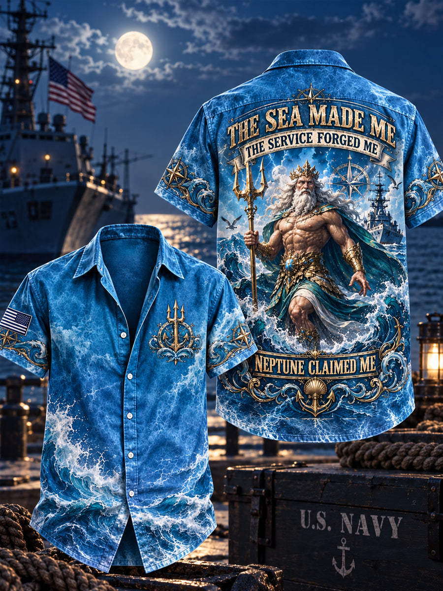 Men’s Veteran “THE SEA MADE ME THE SERVICE FORGED ME NEPTUNE CLAIMED ME ” Printed Short Sleeve Shirt