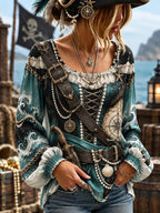 Women's Vintage-Style Pirate Art Print Casual Top