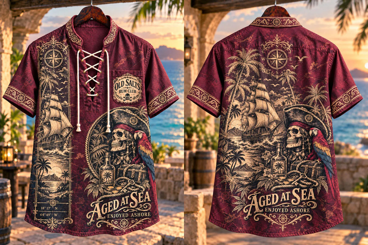 Vintage Pirate Ship Lace-Up Short Sleeve Shirt