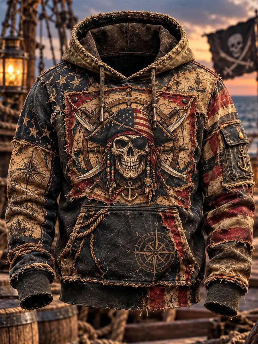 Men's Vintage Pirate Skull Art Print Casual Hoodie