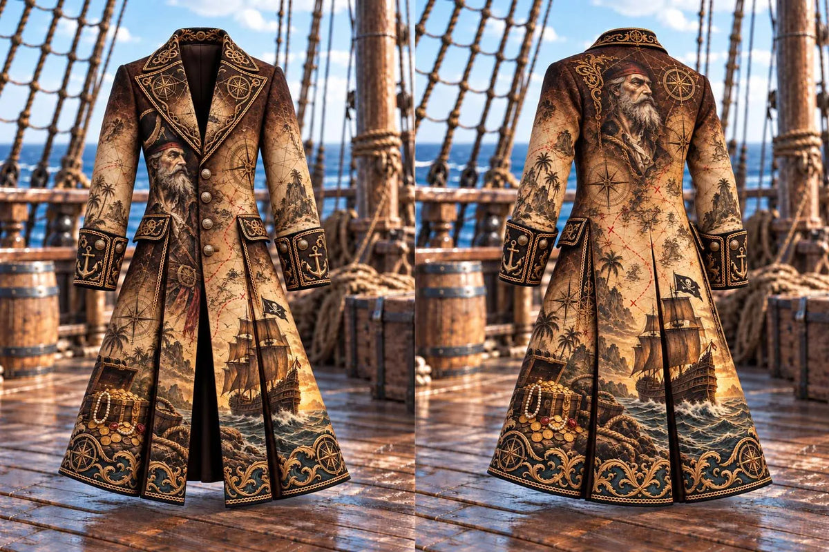 🗺️ Treasure Island Map & Captain Portrait Vintage Long Coat