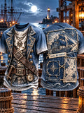 Moonlit Sailing Ship Patchwork Pirate Men’s T-Shirt