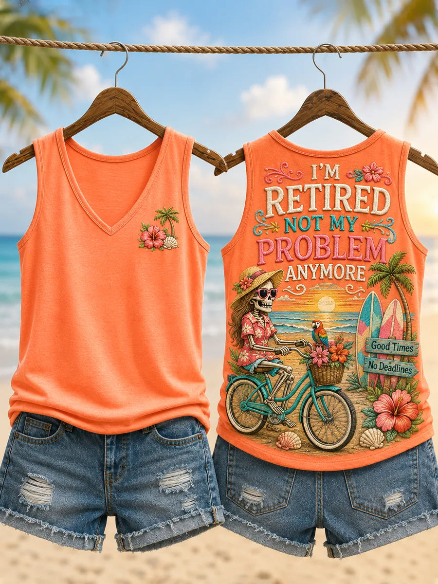 Women's Funny I'm Retired Not My Problem Anymore Skeleton Print Casual Vest