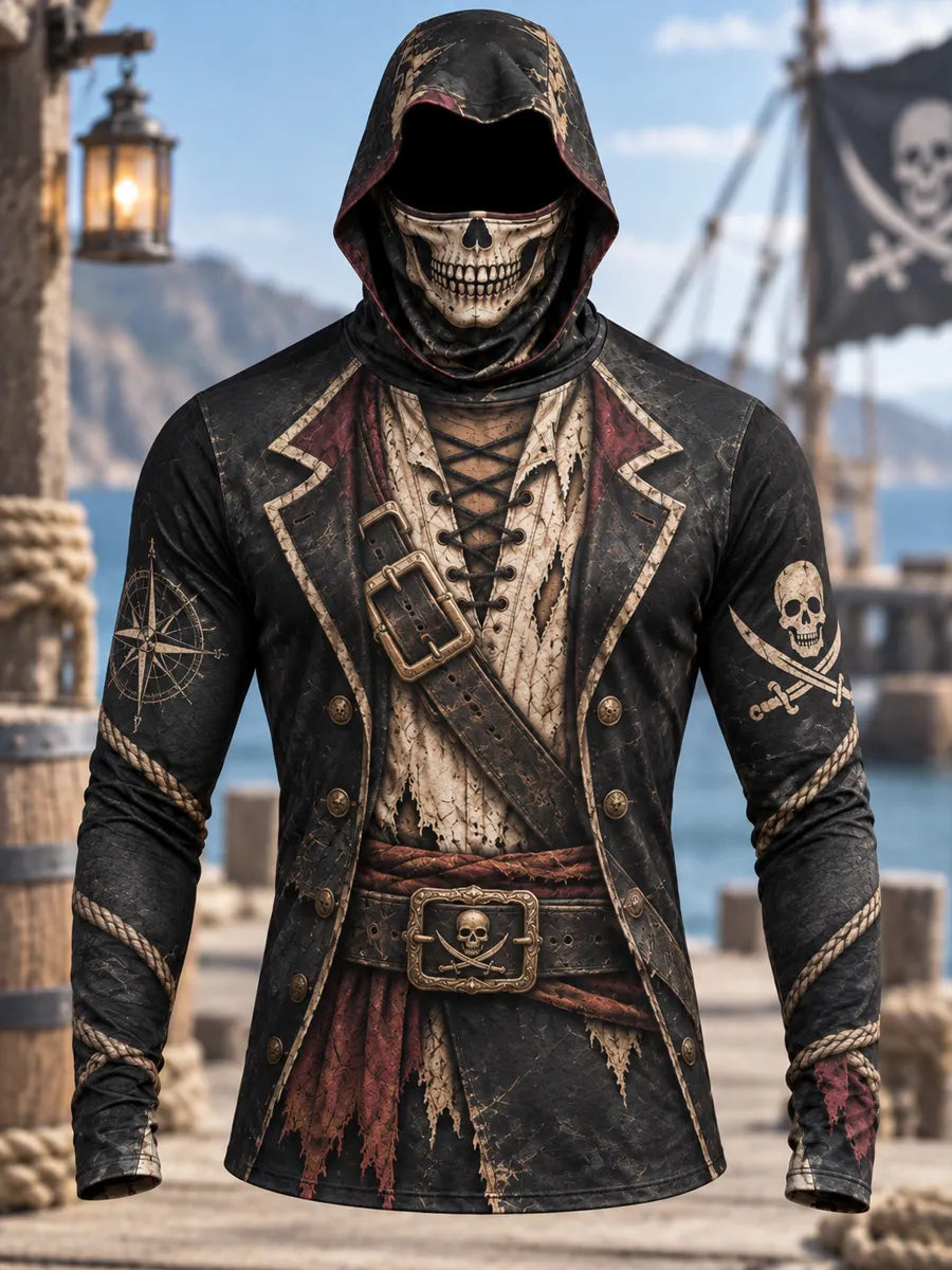 Vintage Pirate Skull Costume Print Hooded Long Sleeve Shirt – Men's Gothic Pirate Style
