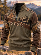 Men's Retro Hunting Culture Print Casual Zip-Up Sweatshirt