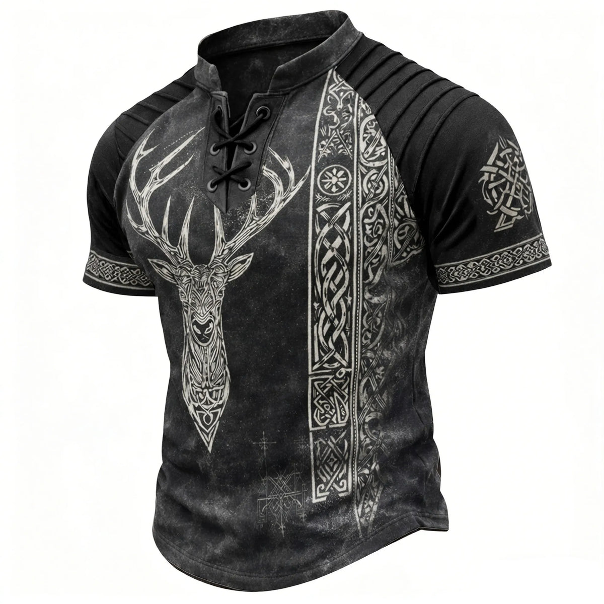 Men's Viking Deer Head Print Henley T-Shirt - Vintage Lace-Up Short Sleeve Top