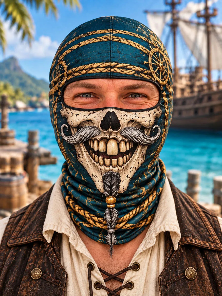 Fun pirate skull mask with exposed eyes – featuring a red and blue bandana design, adorned with a beard, nautical ropes, and skull motifs.