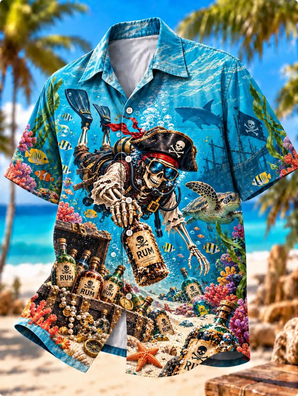 🌊🏴‍☠️ Underwater Pirate Skeleton Diving Hawaiian Shirt | Ocean Treasure Rum Tropical Aloha Shirt