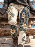 Pirate Skeleton Tropical Floral Patchwork Jeans