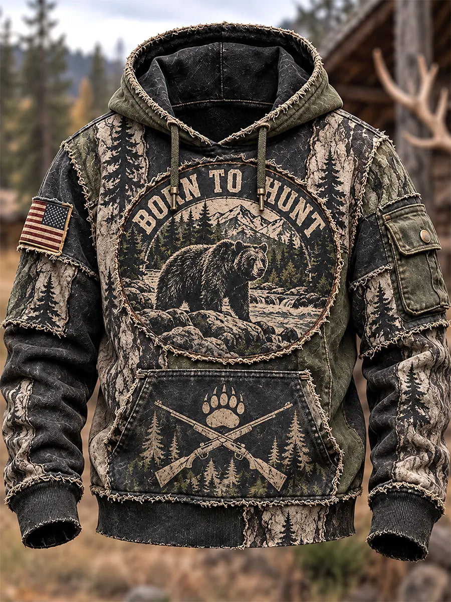 Men’s “Born to Hunt” Bear & Crossed Rifles Camo Print Pullover Hoodie