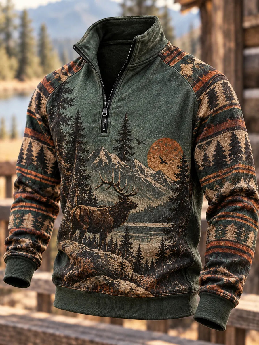 Men's Retro Hunting Culture Print Casual Zip-Up Sweatshirt