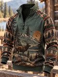 Men's Retro Hunting Culture Print Casual Zip-Up Sweatshirt