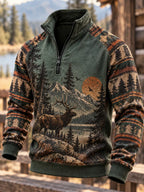 Men's Retro Hunting Culture Print Casual Zip-Up Sweatshirt