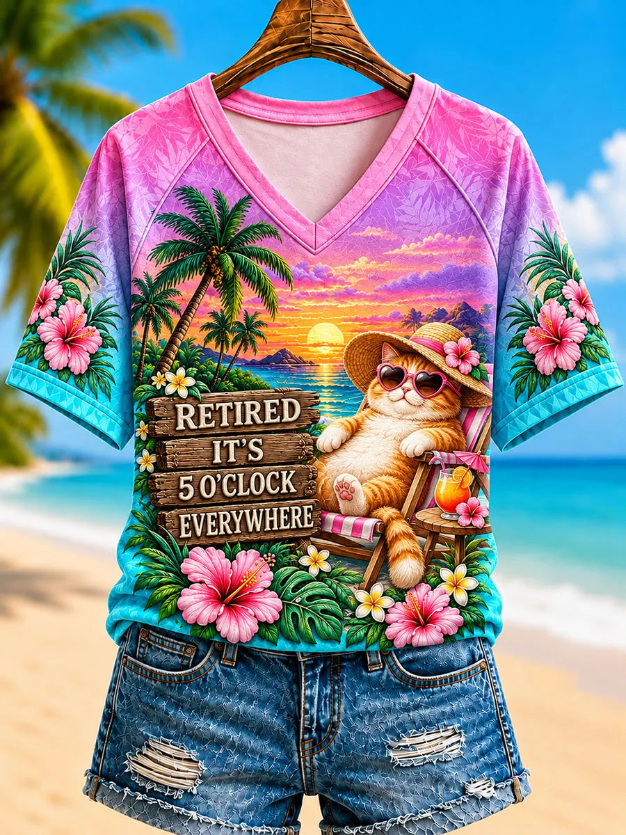 Women’s Retired Vacation Cat Graphic V-Neck T-Shirt