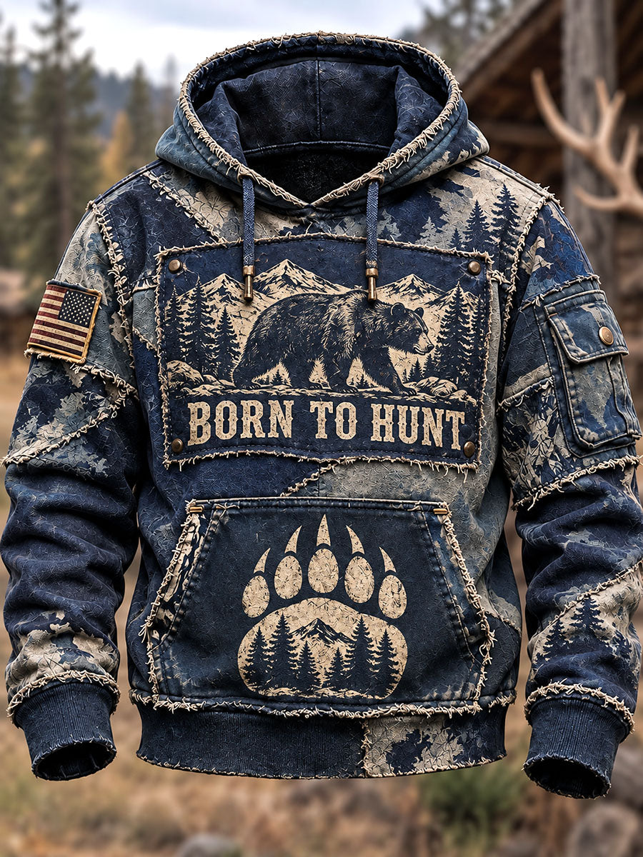 Men’s “Born to Hunt” Bear & Paw Patchwork-Print Pullover Hoodie