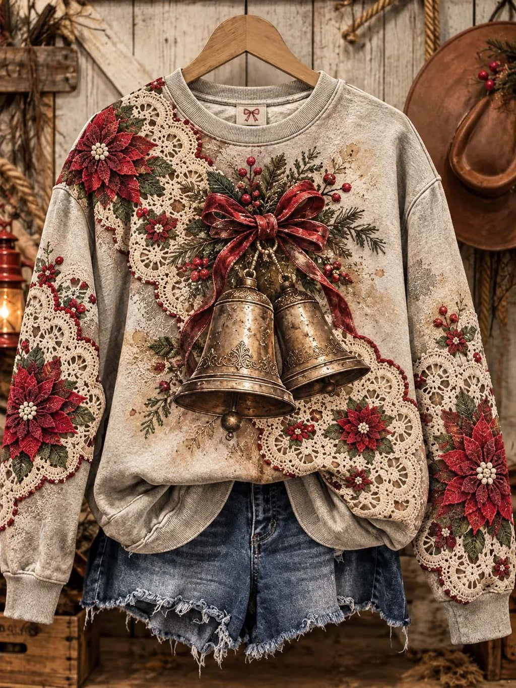🔔 Vintage Grey-Beige Sweatshirt with Golden Jingle Bells, Red Bow & Lace Poinsettia