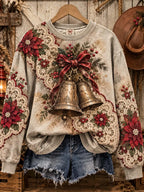 🔔 Vintage Grey-Beige Sweatshirt with Golden Jingle Bells, Red Bow & Lace Poinsettia