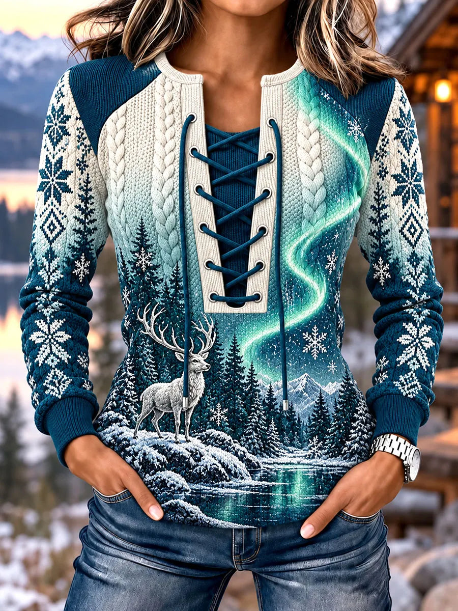 Women's Northern Lights Deer Print Stitch Detail Lace-Up Sweatshirt