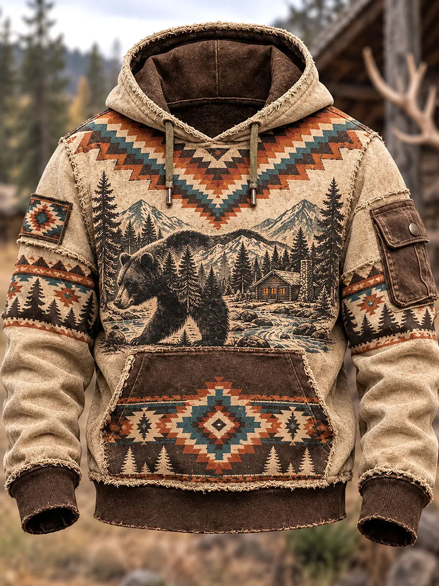 Men’s Southwestern Bear & Cabin Print Pullover Hoodie